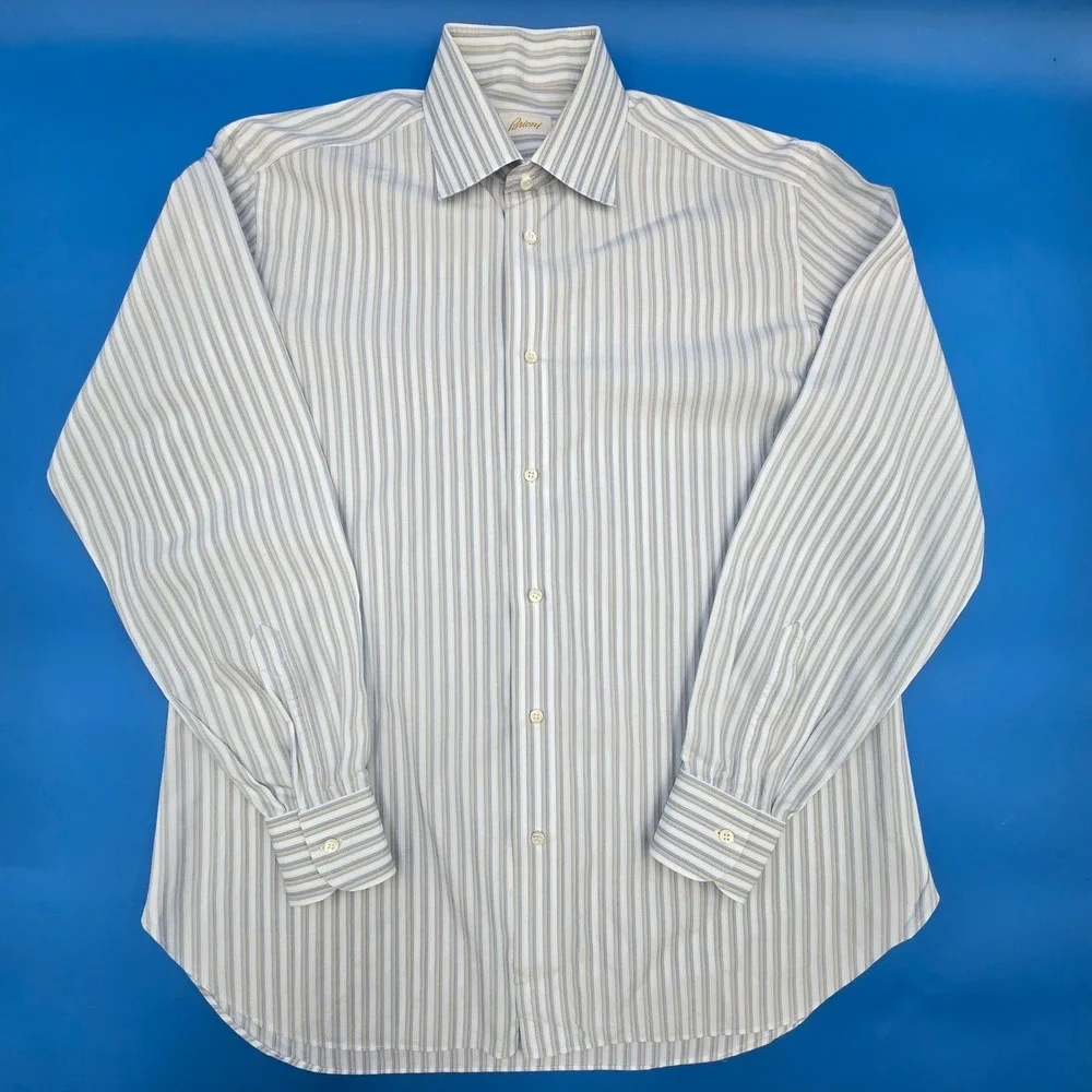 Brioni Italy Men's Striped Cotton Dress Shirt 16 41 Light Blue Tan Spread Collar